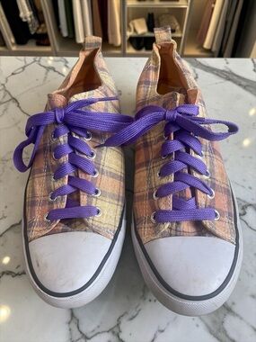 Twisted Plaid Sneakers in Peach Plaid with Purple Laces women’s size 11